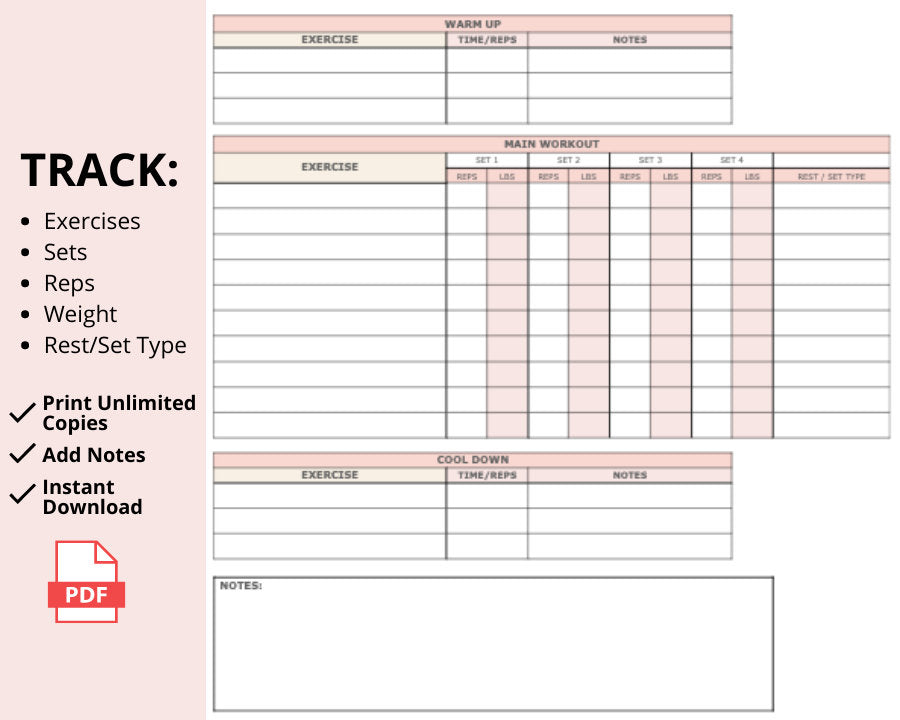 Printable Personal Training Program Template (Pink)| Fitness Planner &amp; Workout Log for Strength Training